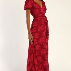 Wine Red Jacquard Short Sleeve Maxi Dress (XL)